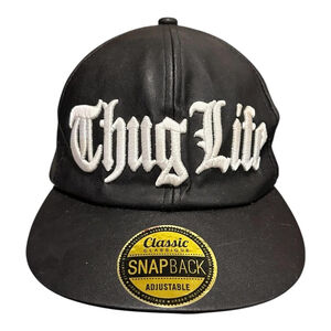 UH Thug Life Hat Cap Snap Back One Size Black Faux Leather Mens Hip Hop Quote